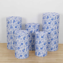 Set of 5 White Blue Spandex Cylinder Plinth Display Box Stand Covers With Chinoiserie Floral Print