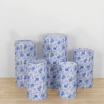 Set of 5 White Blue Spandex Cylinder Plinth Display Box Stand Covers With Chinoiserie Floral Print, Stretchable Pedestal Pillar Prop Covers - 160GSM