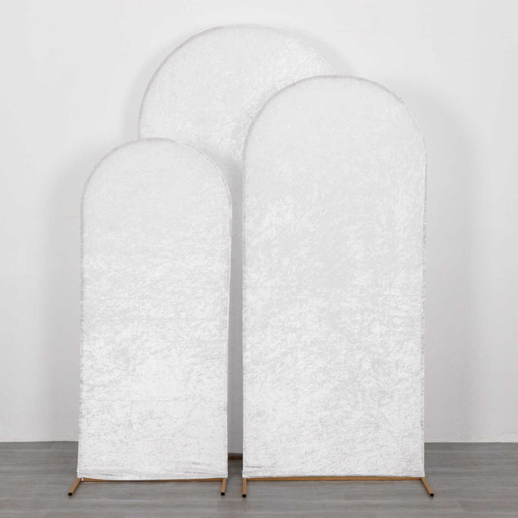 Set of 3 White Crushed Velvet Chiara Wedding Arch Covers For Round Top Backdrop Stands
