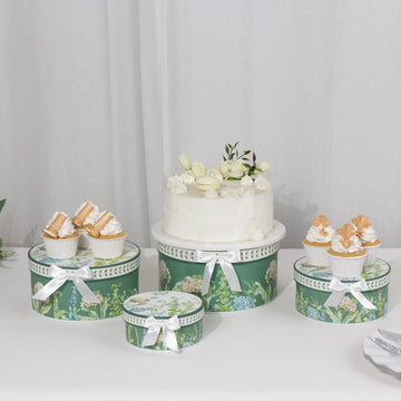 Set of 4 Greenery Theme Nesting Gift Boxes With Lids, Round Stackable Heavy Duty Cardstock Keepsake Boxes, Cupcake Dessert Display Stand - 5",7",8",9"