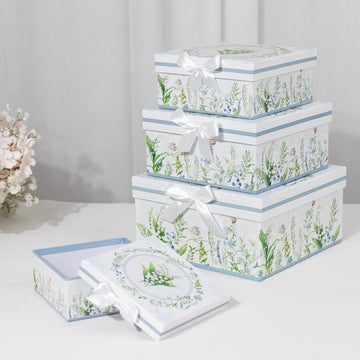 Set of 4 White Green Floral Nesting Gift Boxes With Lids, Square Stackable Heavy Duty Cardstock Keepsake Boxes, Cupcake Dessert Display Stand - 6",7",8",9"
