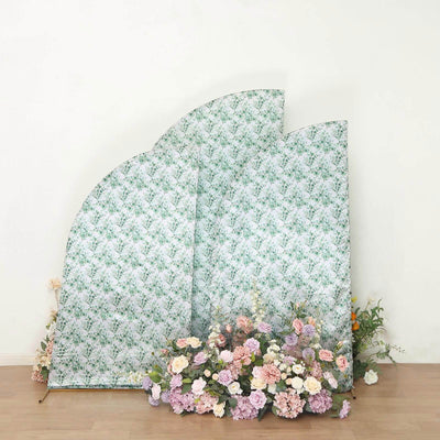 Decorative floral backdrop panels with pastel flowers at the base.