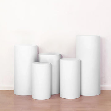 Set of 5 White Spandex Cylinder Plinth Display Box Stand Covers, Stretchable Pedestal Pillar Prop Covers 160 GSM