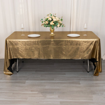 60"x126" Antique Gold Shimmer Sequin Dots Polyester Tablecloth, Wrinkle Free Sparkle Glitter Tablecover