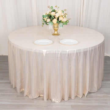 120" Beige Shimmer Sequin Dots Polyester Tablecloth, Wrinkle Free Sparkle Glitter Tablecover