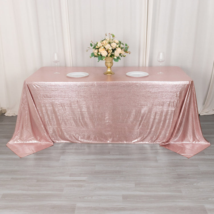 90x132inch Shiny Blush Rose Gold Polyester Rectangular Tablecloth With Shimmer Sequin Dots