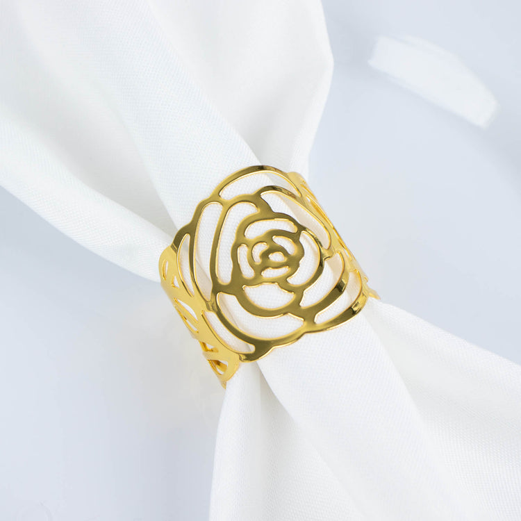 4 Pack | Shiny Gold Laser Cut Rose Metal Cuff Napkin Rings, Decorative Flower Napkin Holders