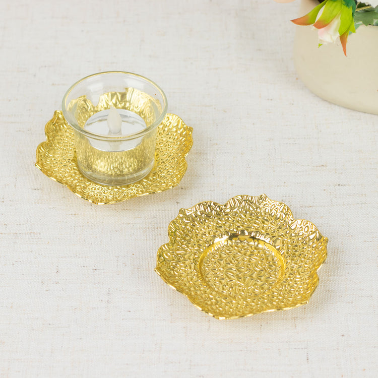 3 Pack | 4inch Shiny Gold Metal Plum Blossom Votive Candle Holders, Vintage Mini Tea Cup Saucers