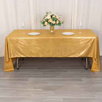 60"x126" Gold Shimmer Sequin Dots Polyester Tablecloth, Wrinkle Free Sparkle Glitter Tablecover