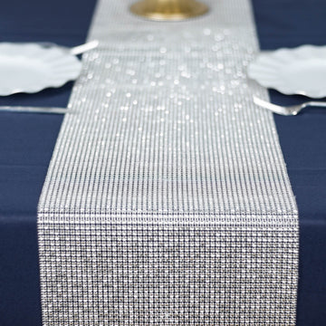 10"x108" Shiny Silver Crystal Rhinestone DIY Table Runner, Diamond Mesh Ribbon Bling Roll