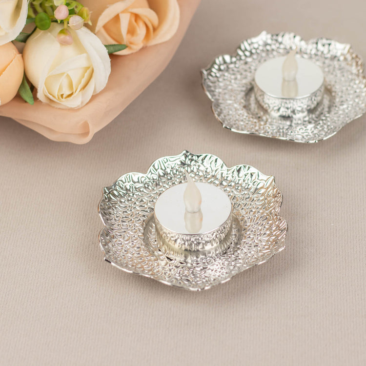 3 Pack | 4inch Shiny Silver Metal Plum Blossom Votive Candle Holders, Vintage Mini Tea Cup Saucers