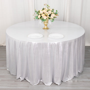 120" Silver Shimmer Sequin Dots Polyester Tablecloth, Wrinkle Free Sparkle Glitter Tablecover