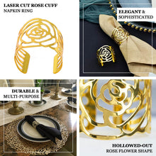 4 Pack | Shiny Gold Laser Cut Rose Metal Cuff Napkin Rings, Decorative Flower Napkin Holders