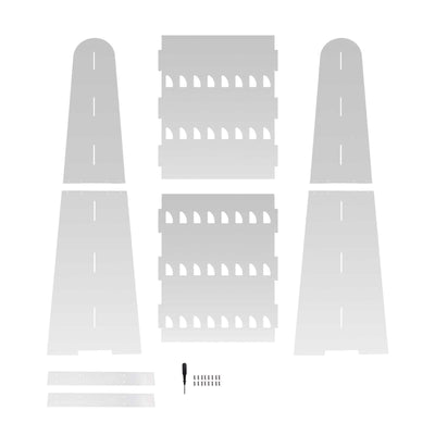 White plastic display stand components with screws and screwdriver