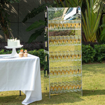 Silver Mirror Finish 5-Tier Wine Glass Stemware Rack, 40 Champagne Flute Holder Foam Board Wall Stand - 5ft