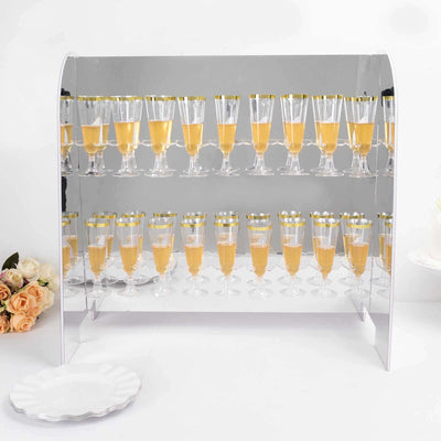 Elegant champagne flute display rack with sparkling drinks.
