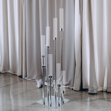 Silver 8 Arm Cluster Taper Candle Holder With Clear Glass Shades, Large Candle Arrangement 42"