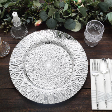 6 Pack | 13" Silver Embossed Peacock Design Plastic Serving Plates, Round Disposable Charger Plates
