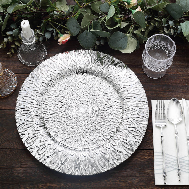 6 Pack | 13inch Silver Embossed Peacock Design Plastic Serving Plates, Round Charger Plates