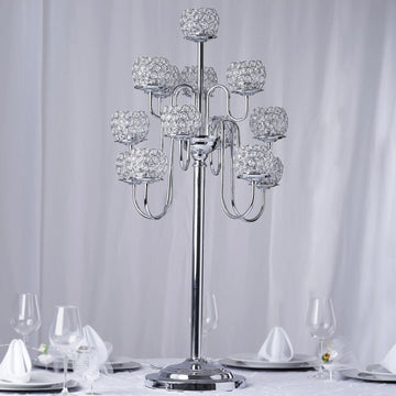 Elegant Silver Metal Crystal Beaded Candelabra Candle Holders
