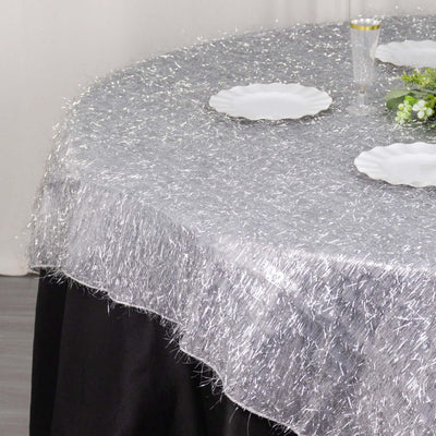 Silver table overlay with shimmering texture for elegant dining settings.
