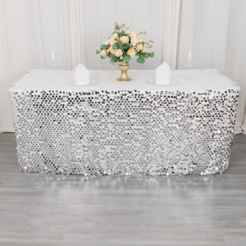 Silver Premium Big Payette Sequin Dual Layered Satin Table Skirt 21ft