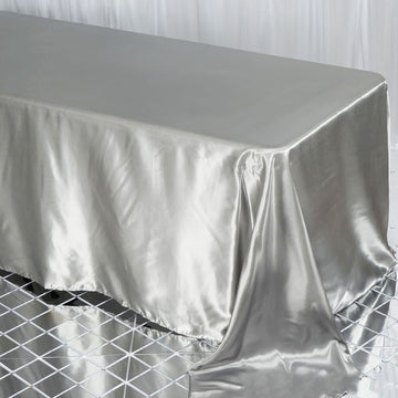 Silver Satin Seamless Rectangular Tablecloth 90"x132" for 6 Foot Table With Floor-Length Drop