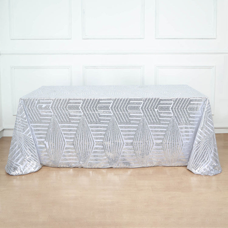 90x132inch Silver Sparkly Geometric Glitz Art Deco Sequin Rectangular Tablecloth