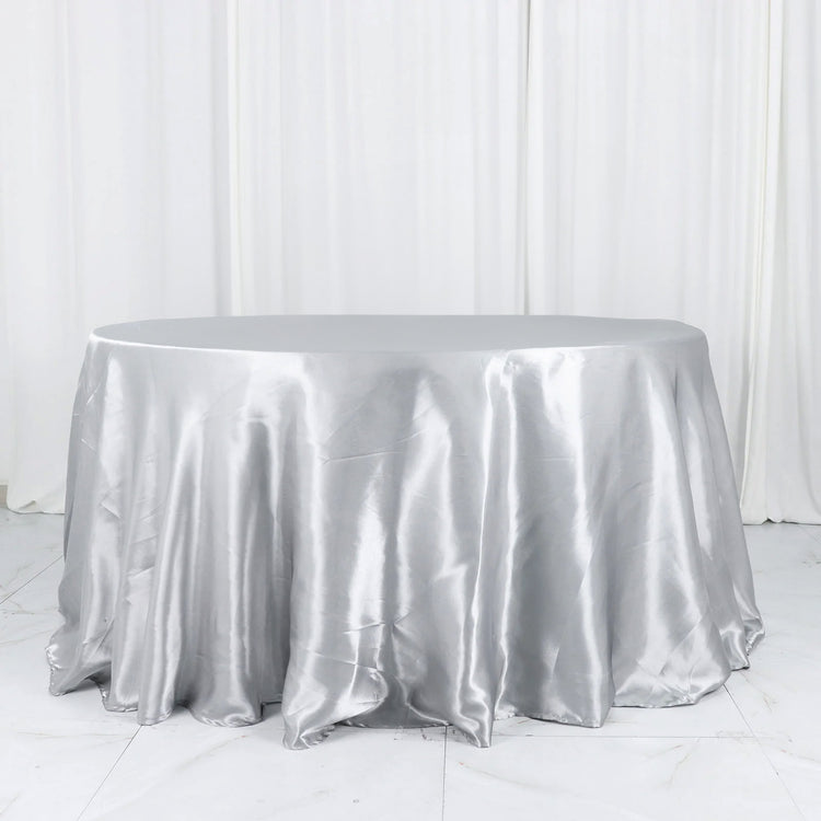 Seamless Silver Satin Round Tablecloth 132 Inches