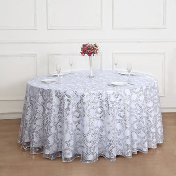 120" Silver Sequin Leaf Embroidered Seamless Tulle Round Tablecloth, Sheer Table Overlay