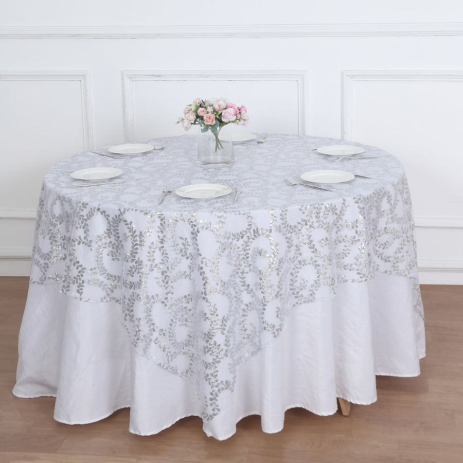 72x72inch Silver Sequin Leaf Embroidered Seamless Tulle Table Overlay
