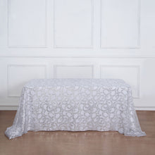90x156inch Silver Sequin Leaf Embroidered Tulle Rectangular Tablecloth, Seamless Sheer Table Overlay