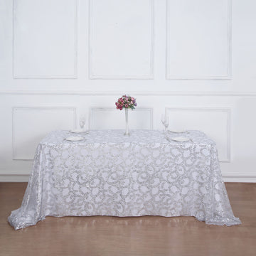 Silver Sequin Leaf Embroidered Tulle Rectangular Tablecloth 90"x156"