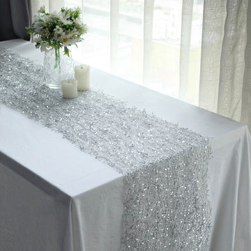 Silver Sequin Mesh Schiffli Lace Table Runner, Sparkly Party Table Decoration 12"x108"