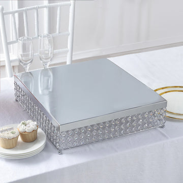 Silver Square Crystal Beaded Metal Cake Stand, Dessert Pedestal 16"