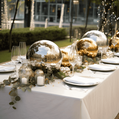 Elegant holiday table setting with reflective ornaments and candles.