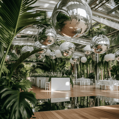 Elegant event space with greenery and decorative hanging lights.