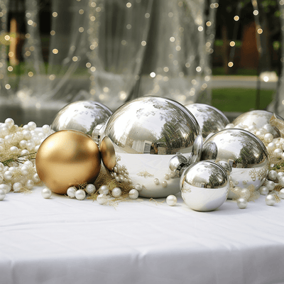 Decorative silver and gold Christmas ornaments on a table with soft lighting.