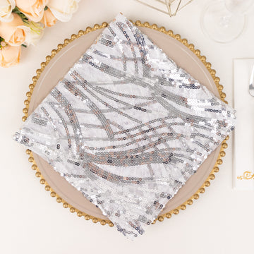 Elegant Silver Wave Embroidered Sequin Mesh Dinner Napkin