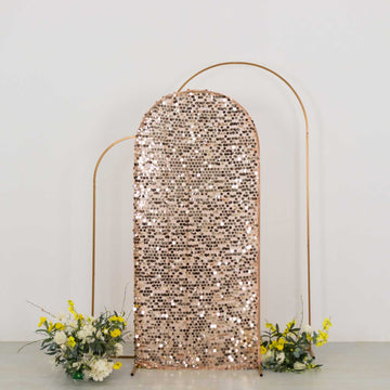 Sparkly Rose Gold Big Payette Sequin Fitted Chiara Backdrop Stand Cover for Round Top Wedding Arch - 6ft