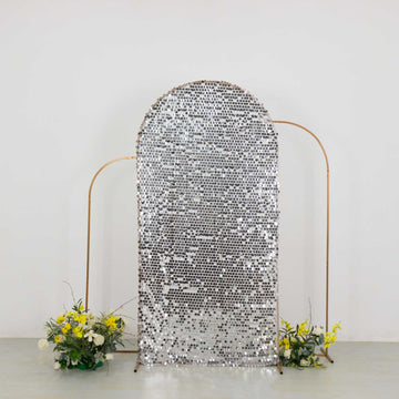 Sparkly Silver Big Payette Sequin Fitted Chiara Backdrop Stand Cover for Round Top Wedding Arch - 7ft