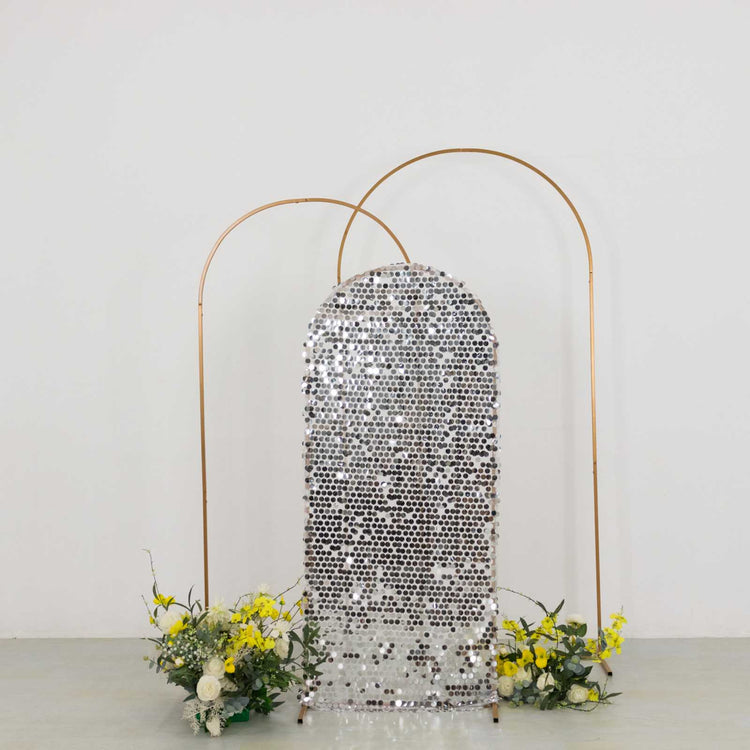 Sparkly Silver Big Payette Sequin Fitted Chiara Backdrop Stand Cover for Round Top Wedding Arch