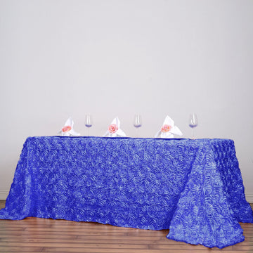 Create a Captivating Ambiance with the Royal Blue Seamless Grandiose Rosette 3D Satin Rectangle Tablecloth