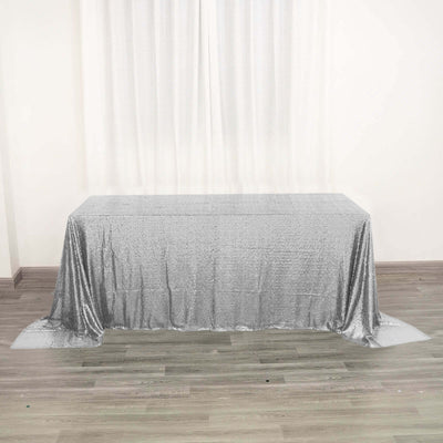 Sequin Rectangle Tablecloth 90"x132" Silver - Seamless Glittering Finish Table Cover