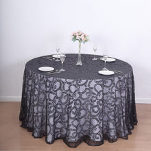 120inch Black Sequin Leaf Embroidered Seamless Tulle Round Tablecloth