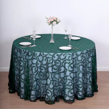 Create Unforgettable Moments with the Hunter Emerald Green Sequin Leaf Tablecloth