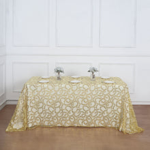 90x156inch Gold Sequin Leaf Embroidered Tulle Rectangular Tablecloth, Seamless Sheer Table Overlay