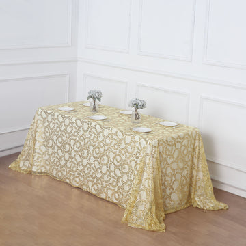 Dazzle Your Guests with the Gold Sequin Leaf Embroidered Tulle Tablecloth