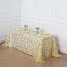 90x156inch Gold Sequin Leaf Embroidered Tulle Rectangular Tablecloth, Seamless Sheer Table Overlay
