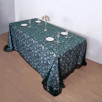 Add a Touch of Opulence with the Hunter Emerald Green Sequin Leaf Embroidered Tulle Rectangular Tablecloth